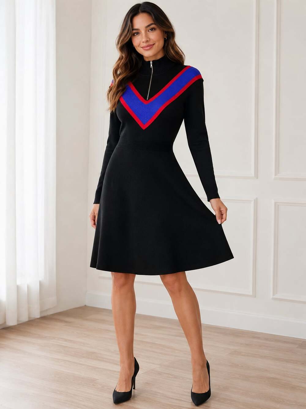 Sandro Chevron Inset Knit Dress Black Long Sleeve Midi Size 2